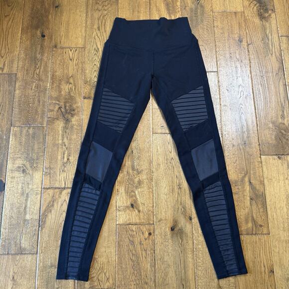 ALO Yoga Pants - Alo High Waisted Womens Black Pull On Yoga Moto Leggings Mesh Panel Size Small